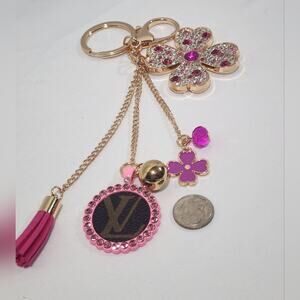 Louis Vuitton Canvas Gold Pink Keychain Rhinestones Flower Charms